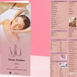 Beauty Salon and Dermal Salon Trifold Price List Brochure Template, Esthetician Price list, Printable Facial Treatment Pamphlet  | Pink 01