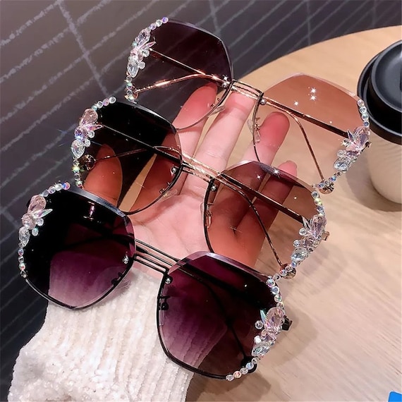 Oversized Rimless Sunglasses Women Luxury Rhinestone Sunglasses