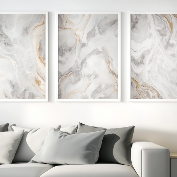 Set of 3 Marble Effect Abstract Grey and Beige Watercolour Paintings, Art Poster Print Gifts for Home Decor, Available in different sizes