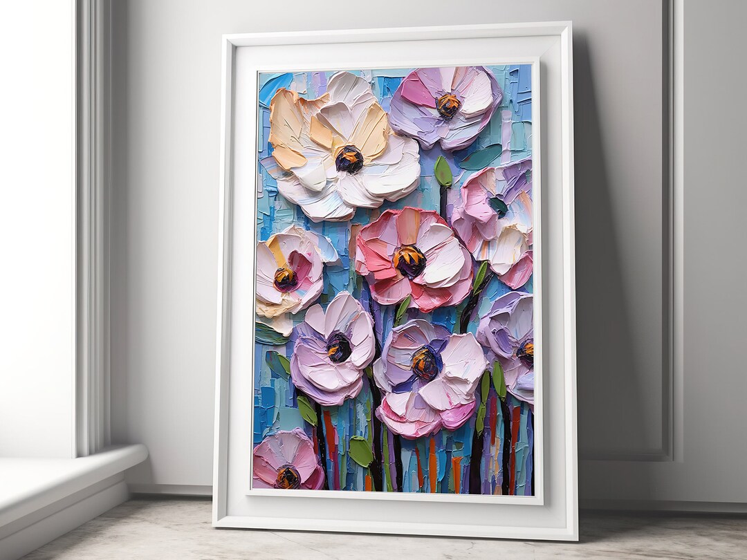 Colourful Flowers Thick Impasto Palette Knife Oil Painting Wall Art ...