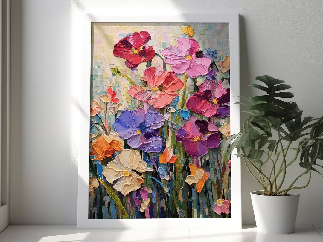 Colourful Flowers Thick Impasto Palette Knife Oil Painting Wall Art ...