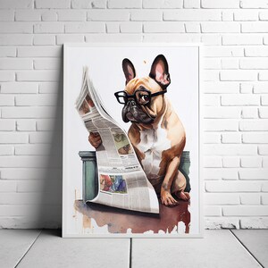 Funny French Bulldog Reading Newspaper Watercolour Art Poster Print. Available in different sizes