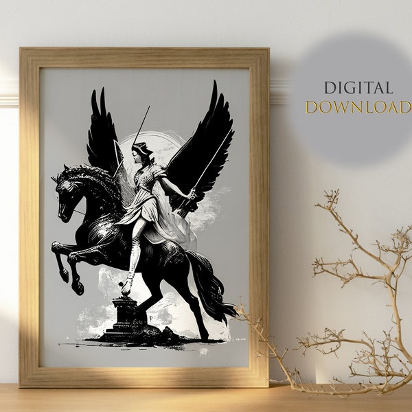 Athena with her winged horse, God Athena, Ancient, Minimal, Digital Wall Art, Printable Gift, Greek Mythology