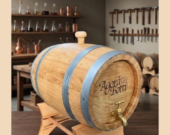 5 liter eikenhouten vat met messing kraan en gepersonaliseerd vuurlogo