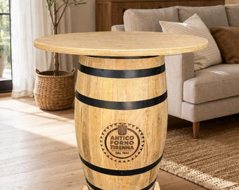 Barril de mesa de 100 litros pintado en roble claro con círculos negros y aplicación de logotipo mediante fuego según se desee, aproximadamente 110 cm de altura.