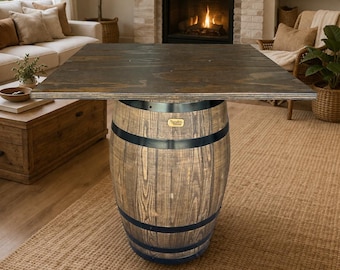 100-liters bordsfat målad i etnisk valnöt med svarta cirklar, fyrkantig topp 80 x 80 cm