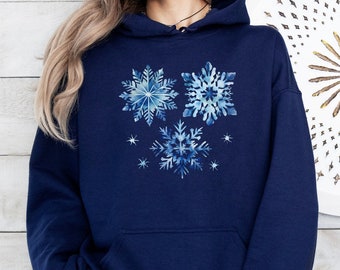 Blue Watercolor Snowflakes Hoodie | Snowflake Sweatshirt, Ski Hoodie, Snow Day Hoodie, Festive Winter Hoodie, Xmas Holiday Hoodie