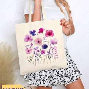Purple Wildflowers Tote Bag | Cottagecore Floral Tote Bag, Pressed Flowers Tote Bag, Vintage Botanical Canvas Tote Bag, Library Tote Bag