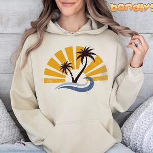Retro Sunset Hoodie | Distressed Vintage Ocean Beach Hoodie, Sunset Summer Hoodie, Palm Beach Hoodie, Surf Hoodie, Warm Sunset Hoodie