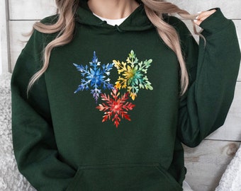 Colorful Watercolor Snowflakes Hoodie | Snowflake Sweatshirt, Ski Hoodie, Snow Day Hoodie, Festive Winter Hoodie, Xmas Holiday Hoodie