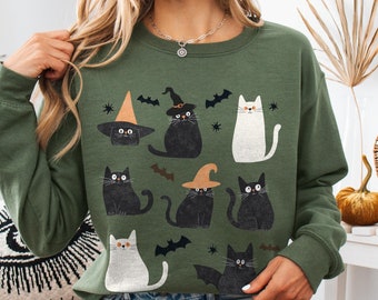 Cute Halloween Black Cat Sweatshirt | Spooky Season Black Cat Sweater, Halloween Bat Sweatshirt, Ghost Cat Sweatshirt, Witchy Cat Shirt