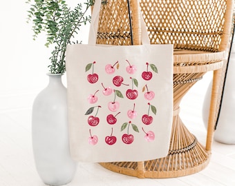 Cute Cherry Tote Bag |  Cottagecore Tote Bag, Summer Cherry Canvas Tote, Berry Tote Bag, Fruit Tote Bag, Cherry Print Tote Bag, Yoga Tote