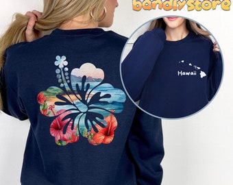 Hawaii Hibiscus Sweatshirt With Back Print: Aloha Beachy Hawaiian Vacation Gildan Crewneck