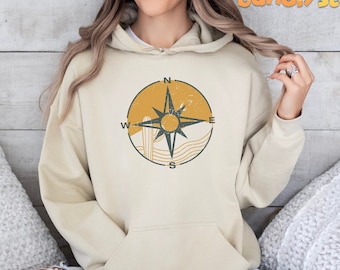 Retro Distressed Compass Hoodie | Abstract Desert Hoodie, Cactus Hoodie, Vintage Adventure Hoodie, Outdoorsy Hoodie, Hiking Hoodie