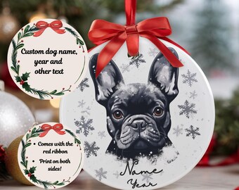 Personalized Black French Bulldog Christmas Ornament: Custom Name Frenchie Acrylic Ornament With Red Ribbon