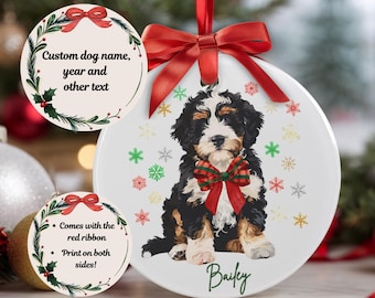 Personalized Bernedoodle Christmas Ornament: Custom Dog Name & Year Acrylic Ornament With Red Ribbon