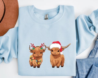 Christmas Highland Cow Sweatshirt | Highland Cow Sweater, Cow Print Sweatshirt, Cows In Santa Hat And Lights, Western Country Farm Christmas