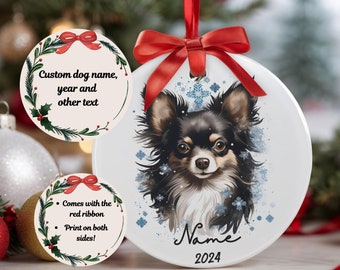 Personalized Longhaired Chihuahua Christmas Ornament: Custom Dog Name Acrylic Ornament With Red Ribbon