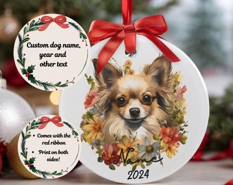 Personalized Longhaired Chihuahua Ornament: Custom Dog Name Acrylic Ornament With Red Ribbon