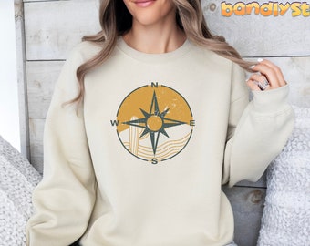 Retro Distressed Compass Sweatshirt | Abstract Desert Sweatshirt, Cactus Sweatshirt, Vintage Wanderlust Sweatshirt, Outdoorsy Sweatshirt