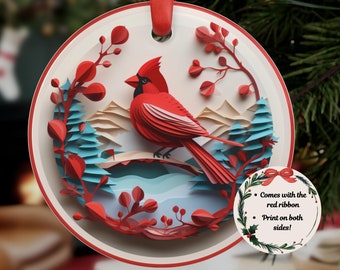 Red Cardinal Acrylic Ornament With Ribbon: 3D Image Style Red Bird Christmas Tree Decor