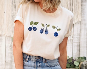 Vintage Blue Berries T-Shirt: Cottagecore Blueberry Fruit Bella Canvas Tee, Gardener Gift