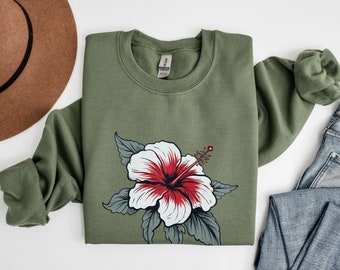 Boho Hibiscus Flower Sweatshirt: Aloha Hawaii Trip Gildan Crewneck