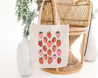 Retro Strawberry Canvas Tote Bag: Cottagecore Summer Fruit Print