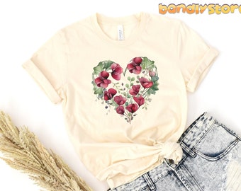 Watercolor Sweet Pea Heart T-Shirt | Cottagecore Valentines Day T-Shirt, April Birth Month Flower Tshirt, April Birthday Gift, Cute Vday Tee