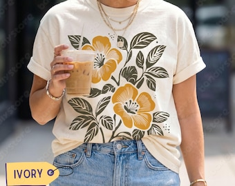 Vintage Linocut Floral T-Shirt: Comfort Colors Colorblock Wildflowers Tee, Cottagecore Style