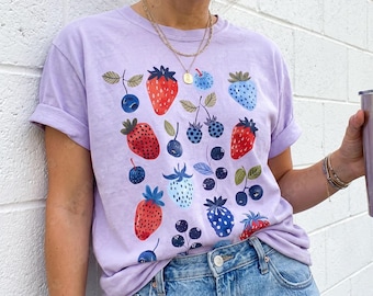 Berry Comfort Colors T-shirt: Cottagecore Strawberry Blueberry Print Tee, Gardener Gift
