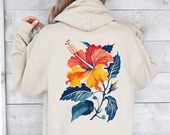 Hibiscus Flower Back Print Hoodie | Hawaiian Hoodie, Floral Hoodie, Ocean Beach Hoodie, Summer Time Beachy Hoodie, Aloha Back Design Hoodie