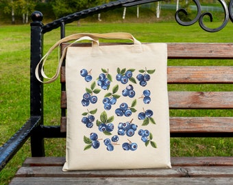 Blueberry Print Tote Bag: Cottagecore Summer Berries Canvas Bag For Farmers Market and Gardeners