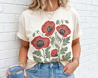 Poppies Linocut T-shirt: Comfort Colors Vintage Floral Tee With August Birth Flower