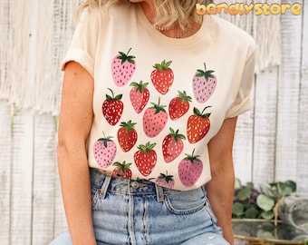 Retro Strawberry Tshirt |  Summer Fruit Shirt, Cottagecore Strawberry Shirt, Strawberry Aesthetic, Botanical Garden Tshirt, Gift For Her