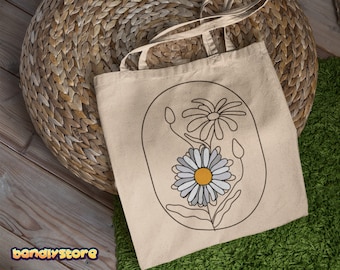 Boho Daisy Tote Bag | Boho Floral Tote Bag Flower Botanical Nature Pretty Tote Bag Plant Tote Bag Garden Tote Reusable Cotton Canvas Tote