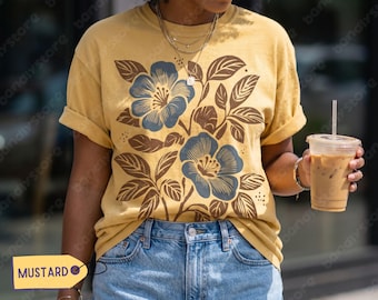 Vintage Linocut Floral T-Shirt: Comfort Colors Colorblock Wildflowers Tee, Cottagecore Style