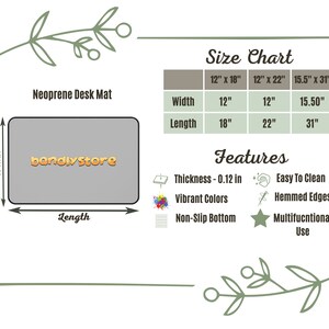 May include: A gray neoprene desk mat with the text "bandiystore". The size chart shows three sizes: 30.5cm x 45.7cm, 30.5cm x 55.9cm, and 39.4cm x 78.7cm. Features include a 0.3cm thickness, vibrant colors, and a non-slip bottom.
