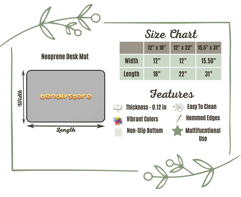 May include: A gray neoprene desk mat with the text "bandiystore". The size chart shows three sizes: 30.5cm x 45.7cm, 30.5cm x 55.9cm, and 39.4cm x 78.7cm. Features include a 0.3cm thickness, vibrant colors, and a non-slip bottom.