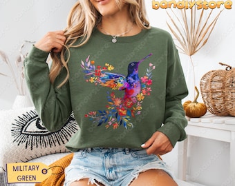 Floral Hummingbird Sweatshirt: Cottagecore Birdwatching Sweater