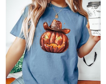 Cowboy Jack-O-Lantern T-Shirt:  Comfort Colors  Spooky Western Halloween Tee