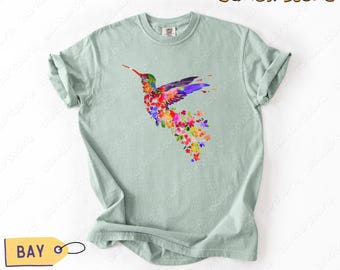 Floral Hummingbird Comfort Colors T-Shirt: Watercolor Birdwatching Tee