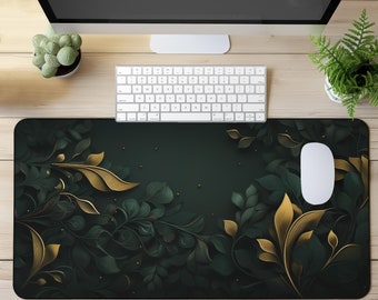 Dark Green and Gold Leaves Desk Mat | Nature Desk Mat, Gold Desk Mat, Aesthetic Desk Mat, Neoprene Desk Mat, Non-Slip Extended Mouse Pad