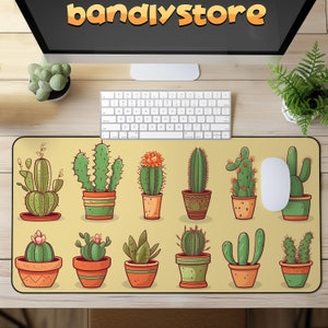 May include: A yellow mousepad with a cartoon illustration of 12 potted cacti in various colors and styles. The cacti are all in different sizes and shapes, and some have flowers. The mousepad is perfect for adding a touch of whimsy to your desk.