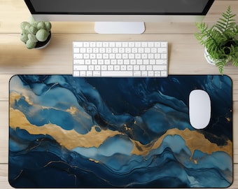 Blue and Gold Marble Desk Mat: Moody Abstract Neoprene Gaming Mousepad