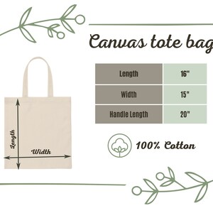 May include: A natural canvas tote bag with a 16 inch length, 15 inch width, and 20 inch handle length. The bag is made of 100% cotton.