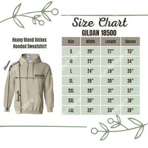May include: Size chart for a unisex hooded sweatshirt, showing measurements in inches for sizes S through 4XL. The chart includes width, length, and sleeve measurements.