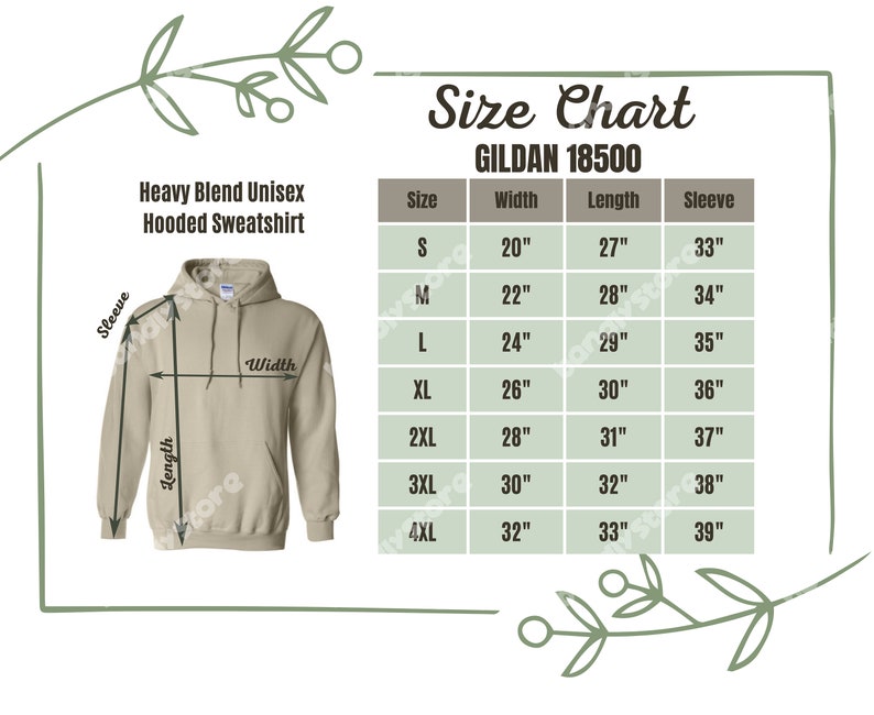 May include: Size chart for a unisex hooded sweatshirt, showing measurements in inches for sizes S through 4XL. The chart includes width, length, and sleeve measurements.