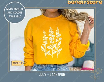 Custom Birth Month Flower Sweatshirt: Linocut Floral Design On Gildan Crewneck