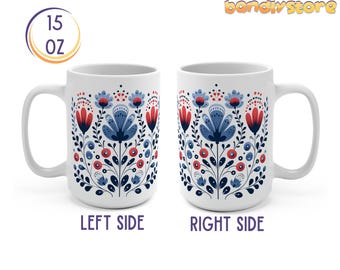 Scandinavian Floral Coffee Mug: Nordic Folk Art, Cottagecore Ceramic Cup (15oz)